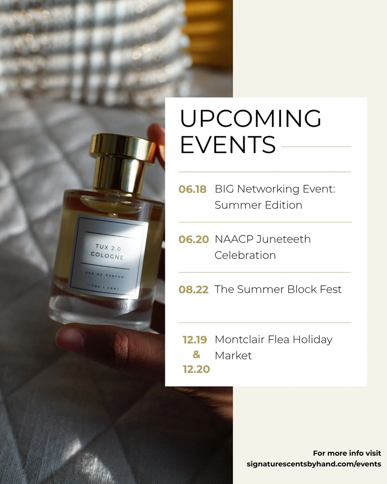 ✨ Your next chance to smell our scents IRL ✨

New events. New cities. New opportunities to discover your next signature scent.

Whether you&rsquo;re stopping by to test our fragrances for the first time or restocking a favorite, we&rsquo;d love to me