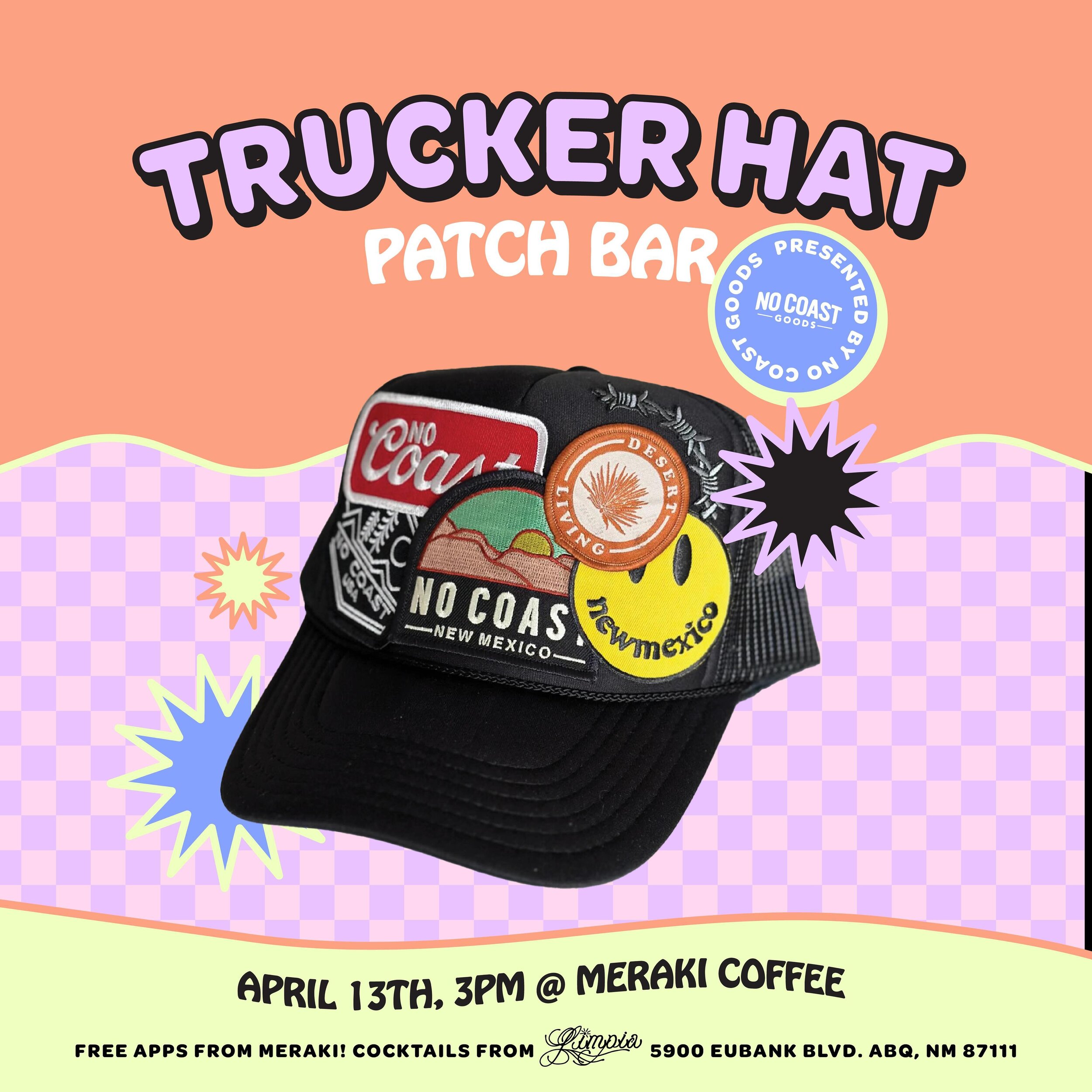 We are so excited for our next popup event at @drink_meraki!!!!! ⛓️🎱🦋❤️&zwj;🔥🏁🪩🍒🦂
It will be a fun interactive event to make your own trucker hat with a huge array of many different patches!

This patch bar will have amazing food from @drink_m