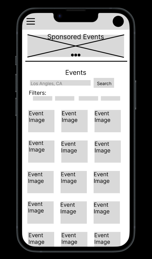 Digital wireframe of the home screen that includes a sponsored events carousel at the top of the sceen, followed by a search bar, followed by a 3 by 4 grid of events.