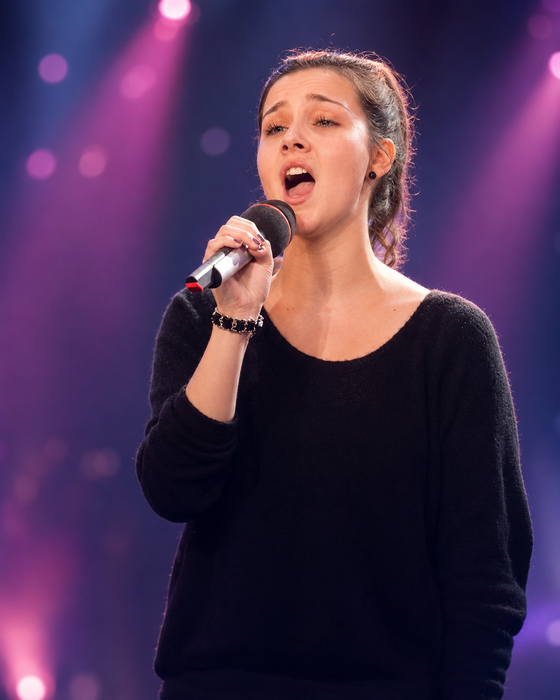 Tanja Ravljen singing on stage, representing specialist singing lessons and vocal development with The Ravljen Method.