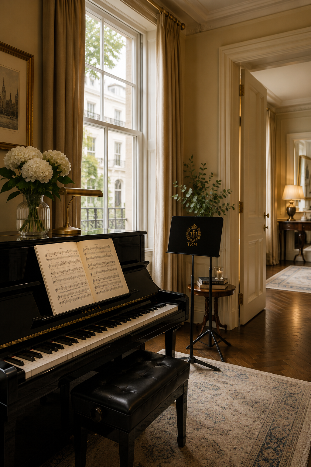 Elegant London home music lesson setting with piano and sheet music for private in-home tuition with The Ravljen Method.
