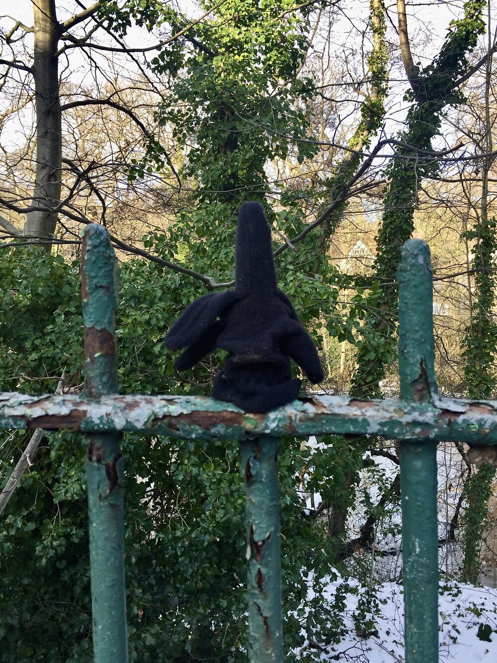  A thick black glove mounted on a fence spike. The spike makes it look like one finger is raised, while the others flop down. This is a terrible, blurry picture, because no doubt I didn’t stop to take it properly due to either a) running at the time;