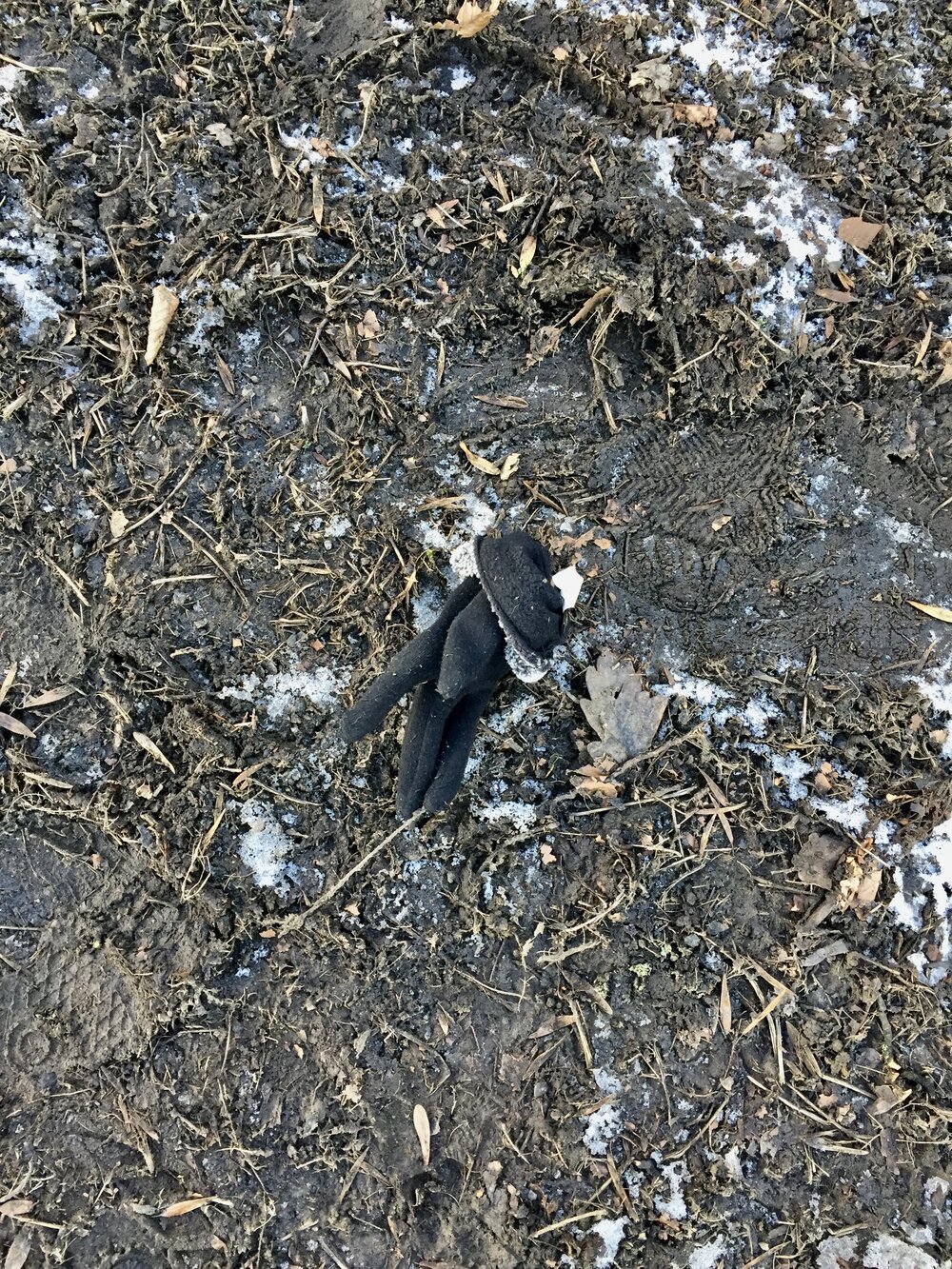  A pair of black gloves folder together, sitting in the mud. 