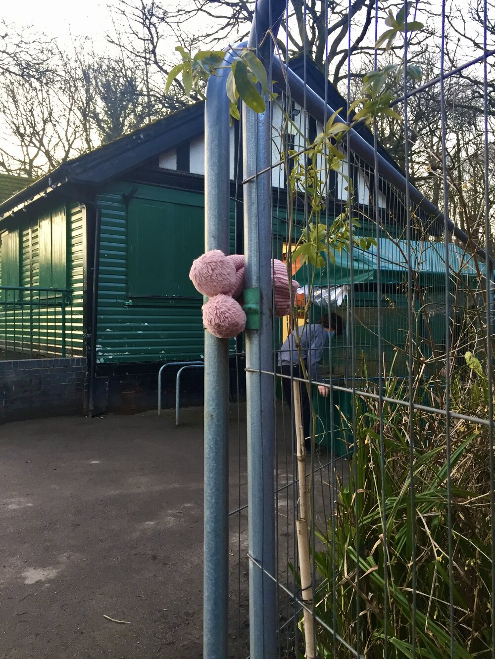  I think this is a hat. It’s woollen, pink, has two pink bobbles, and is shoved between two pieces of security railing. 