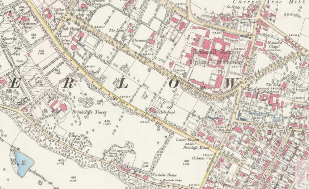  An 1894 map showing Brinkcliffe Tower on the left, the two mounds for the trees just to the east of the main house, and the workhouse towards the top right.  