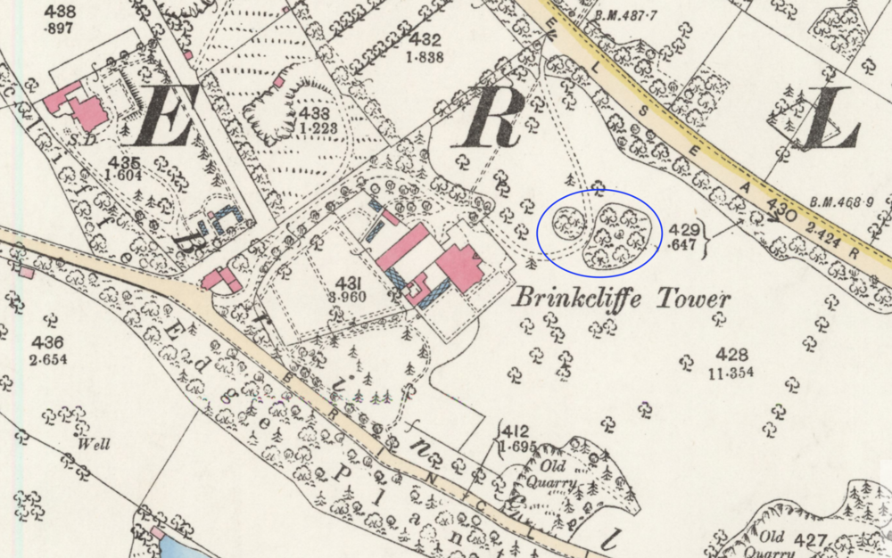  A close up from the same map, showing Brinkcliffe Tower and the landscaped humps for the trees (circled in blue). 