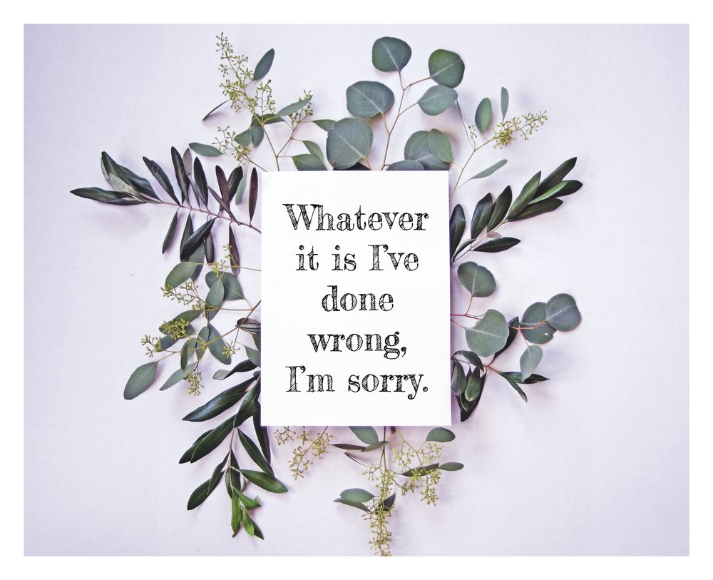  A card that reads, "Whatever it is I’ve done wrong, I’m sorry." 