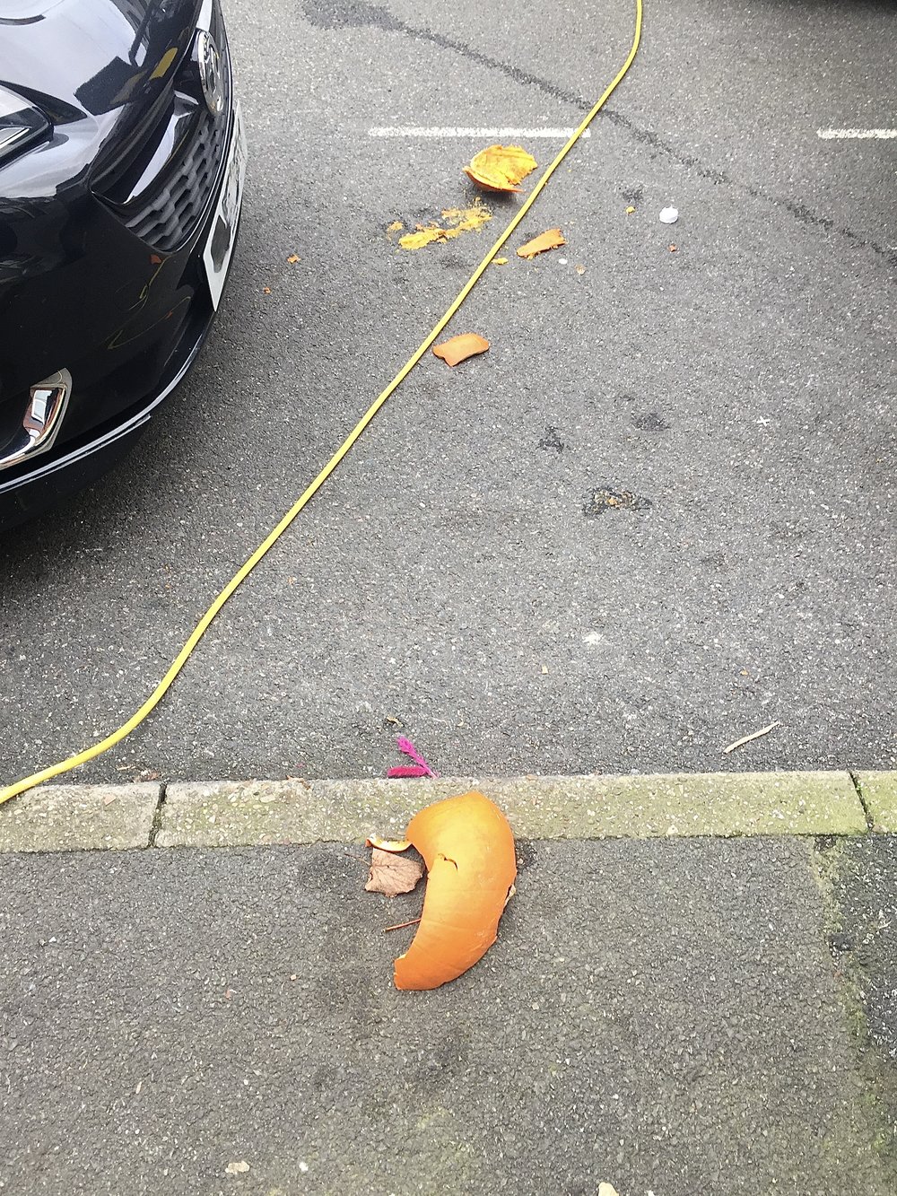  Parts of a broken and smashed pumpkin on a road and pavement. 