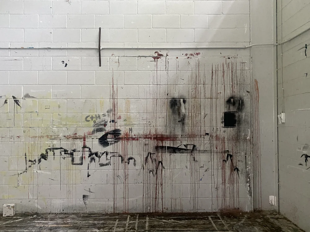  Detail of the potential massacre: red paint has run down the walls. Also, C+H=P. 