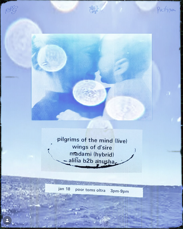 Pilgrims of the Mind live at Poor Toms Oltra in Sydney on 18 January, featuring Wings of Desire, Madami hybrid set and Alilia B2B Anusha, experimental electronic afternoon event from 3pm to 9pm.