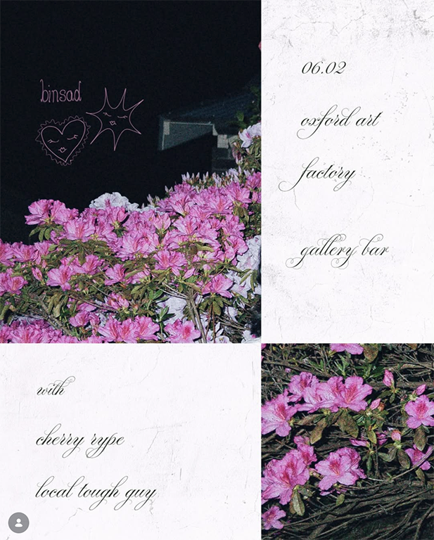 Binsad live at Oxford Art Factory Gallery Bar on 6 February in Sydney, featuring Cherry Rype and Local Tough Guy, intimate indie music performance in a CBD venue setting.