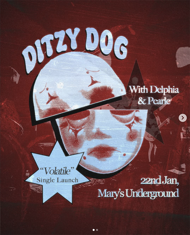 Ditzy Dog “Volatile” single launch at Mary’s Underground in Sydney on 22 January, with Delphia and Pearle, live indie rock performance in an intimate underground venue setting.
