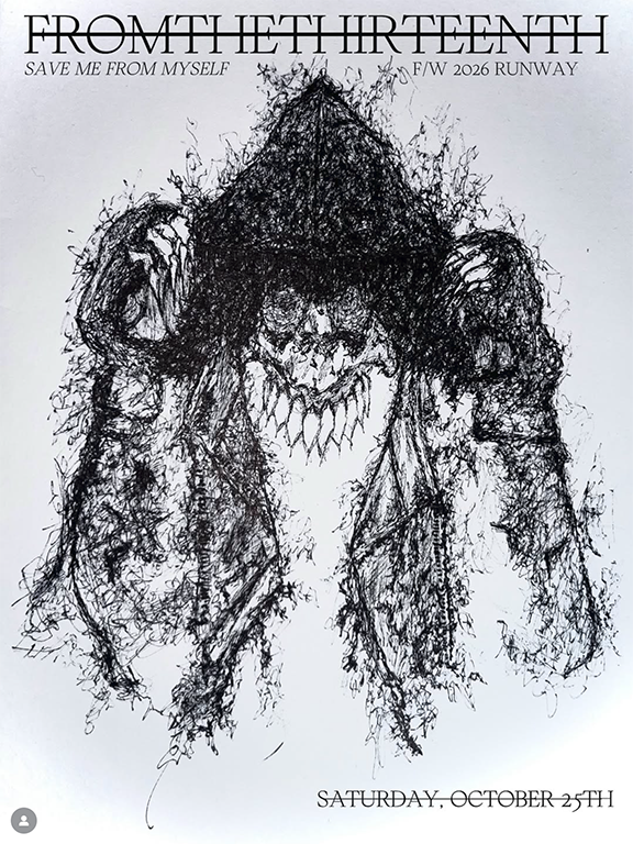 From The Thirteenth F/W 2026 runway Save Me From Myself, Sydney fashion presentation featuring dark sculptural garment design and textured avant garde silhouette shown on October 25.