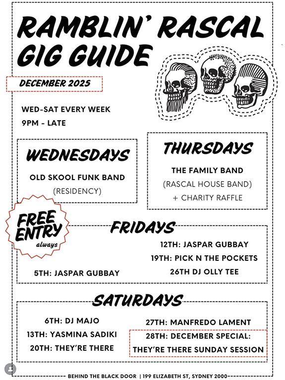 Manfredo Lament live at Ramblin' Rascal in Sydney on 27 December 2025, Saturday night DJ set as part of the December gig guide, free entry from 9pm until late.