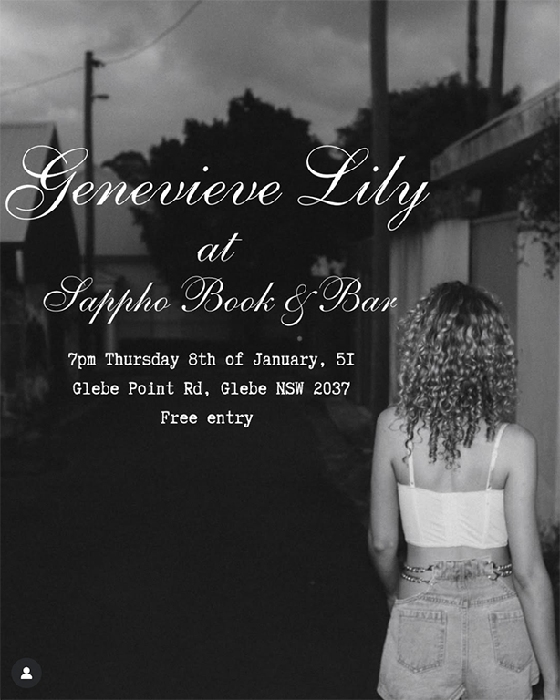 Genevieve Lily live at Sappho Books and Bar in Glebe, Sydney on 8 January, intimate free entry performance at 7pm in Inner West bookshop and bar setting.