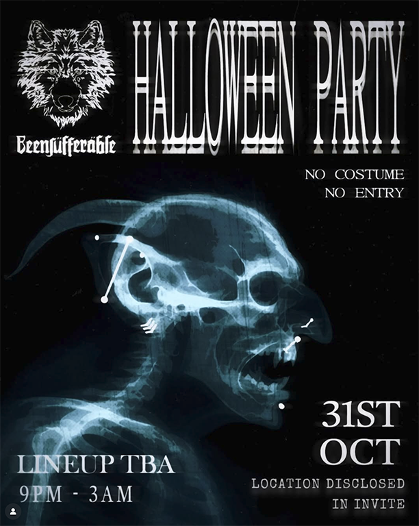 Beensufferable Halloween Party in Sydney on 31 October, late night costume club event from 9pm to 3am with lineup to be announced and location disclosed by invite only.