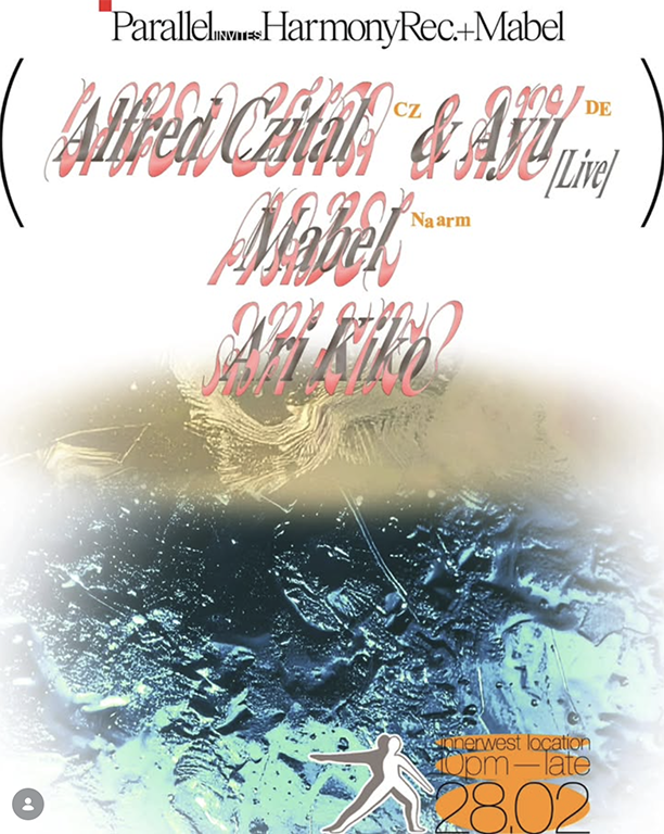 Parallel Sydney warehouse party in Inner West featuring Ari Kiko, Alfred Czital, Ayu, and Mabel, with underground electronic music and dancefloor crowd atmosphere.