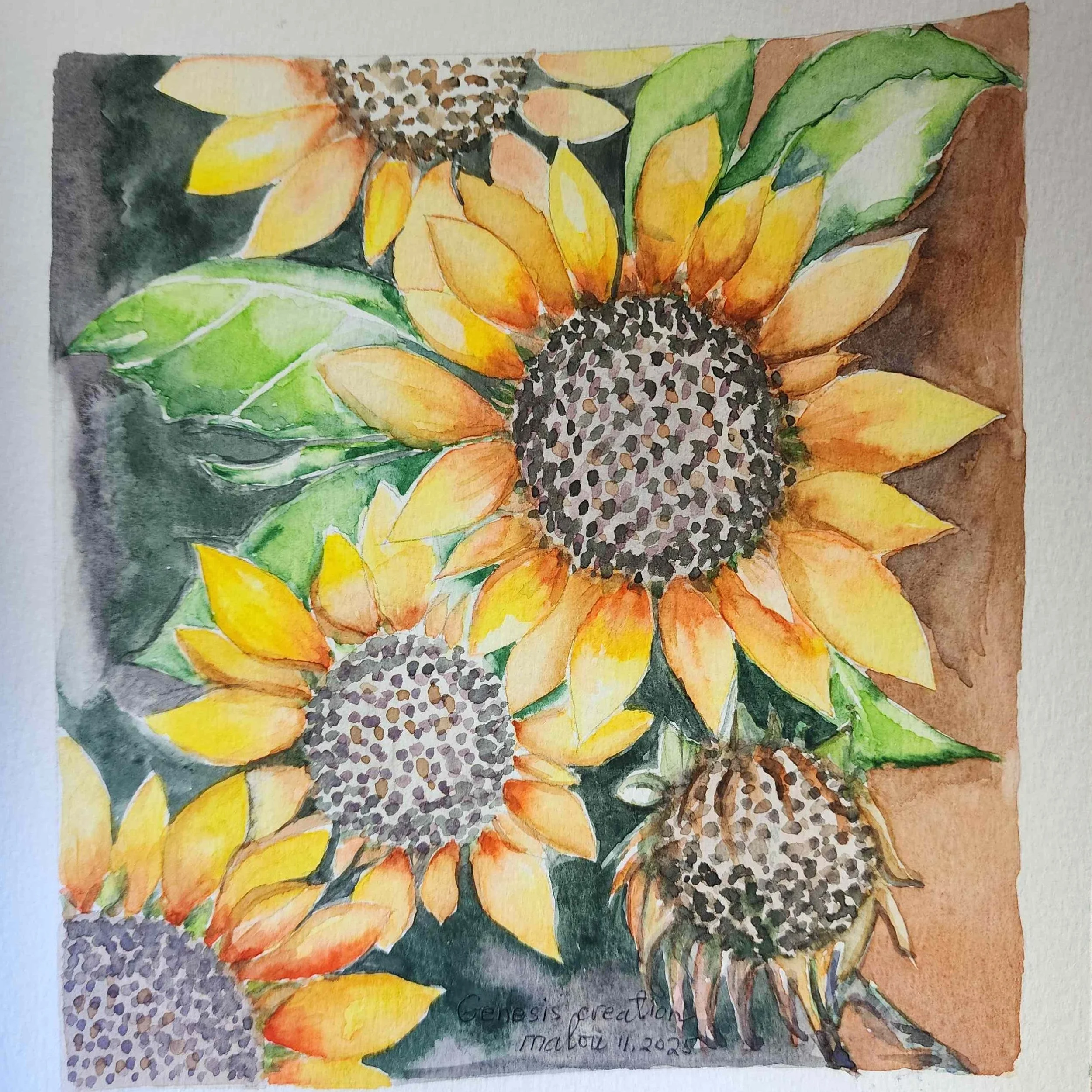 Painted in watercolour, these sunflowers hung in our cabin onboard Logos Hope