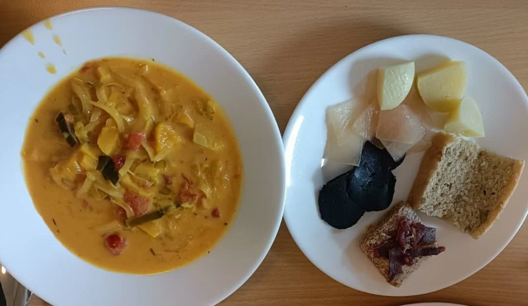 Fish soup, whale meat (black) and blubber (white) &amp; potatoes