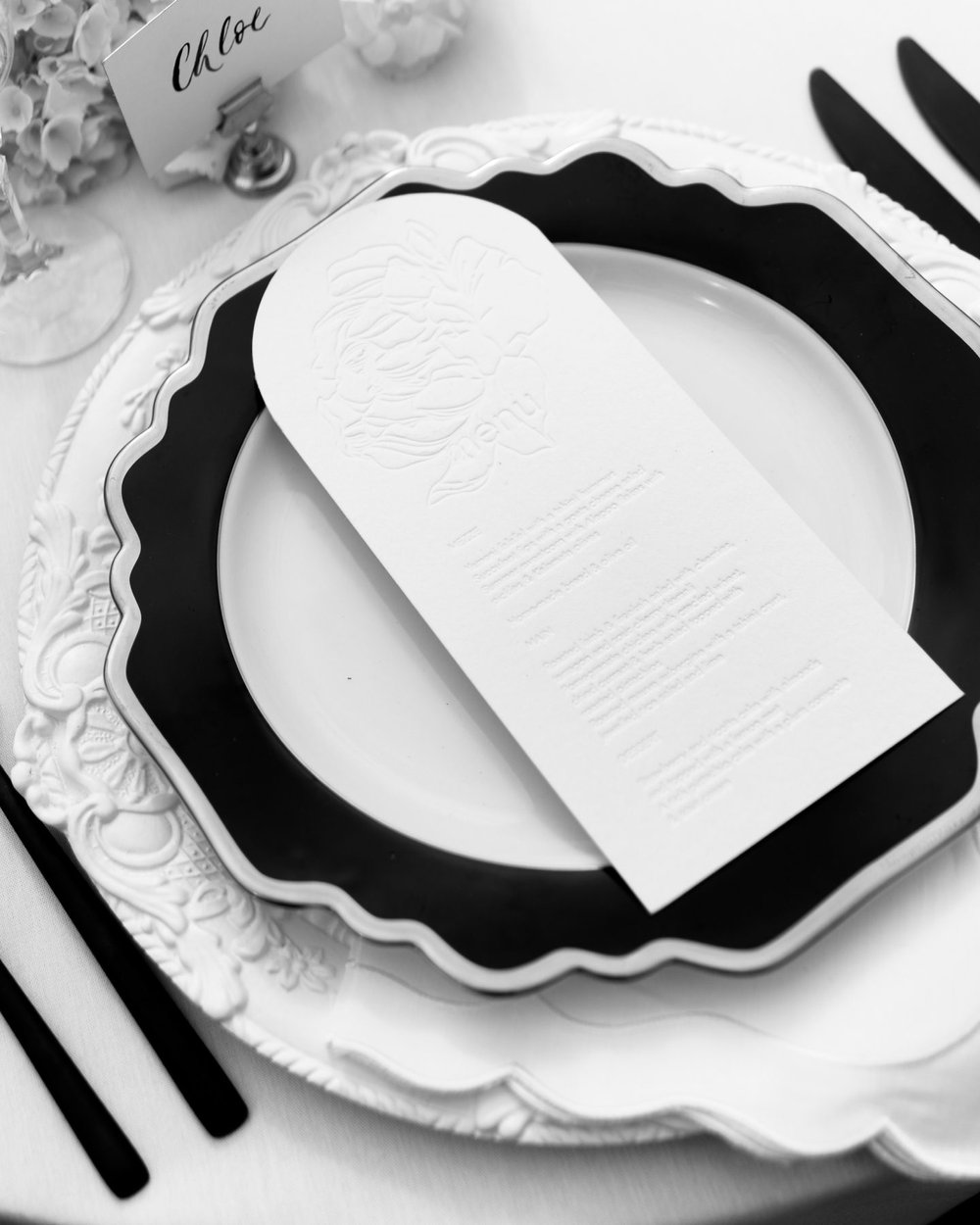 luxury arch letterpress wedding menu with floral detail