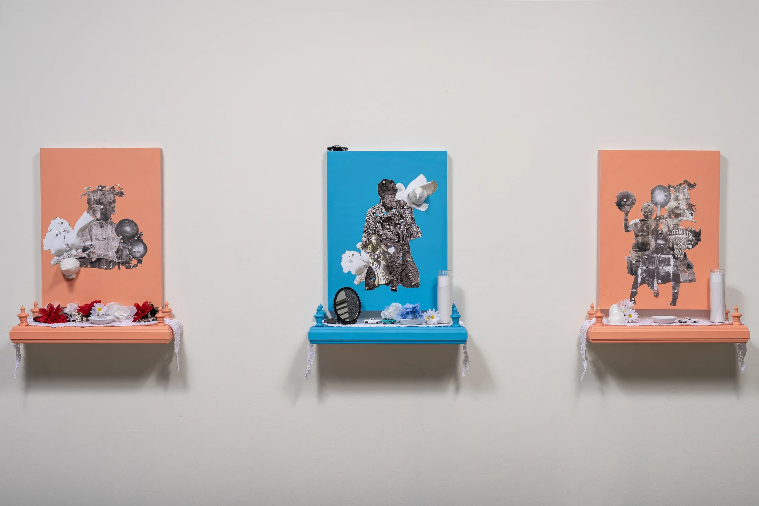 Installation view of Tending To The Past, mixed media work on paper with shelf, mirror,dove,toy cars, candle, jewelry and flowers, 2023