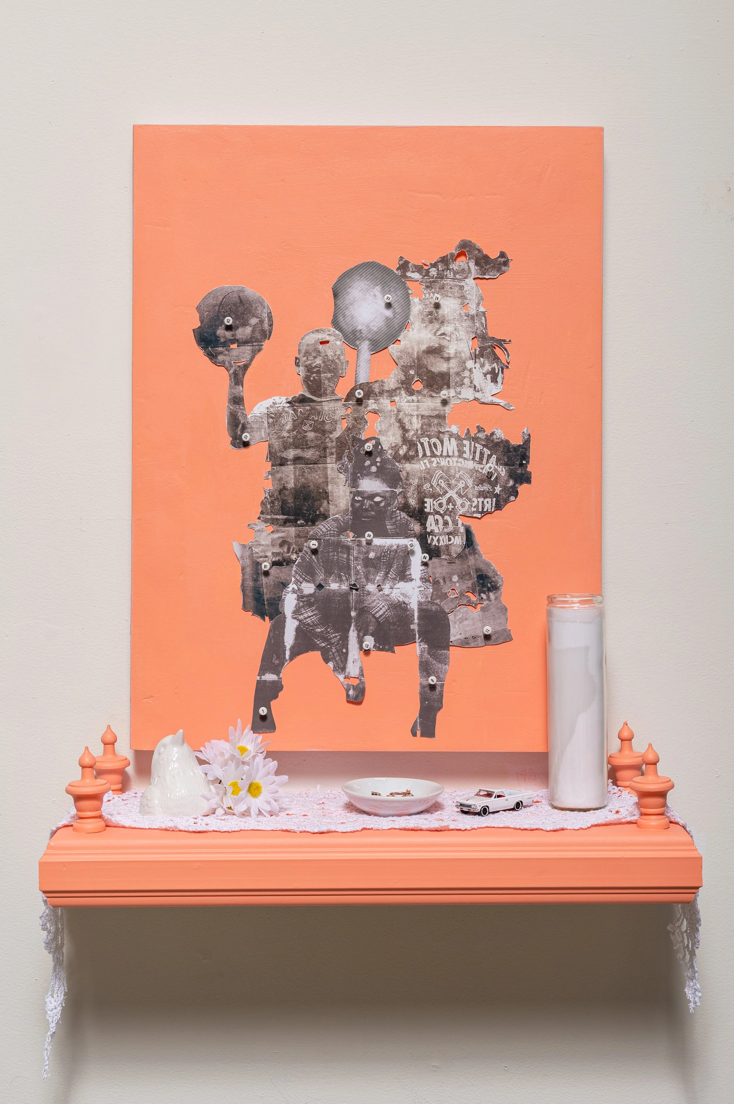 Tending To The Past iii, mixed media work on paper with shelf, mirror,dove,toy cars, candle, jewelry and flowers, 2023