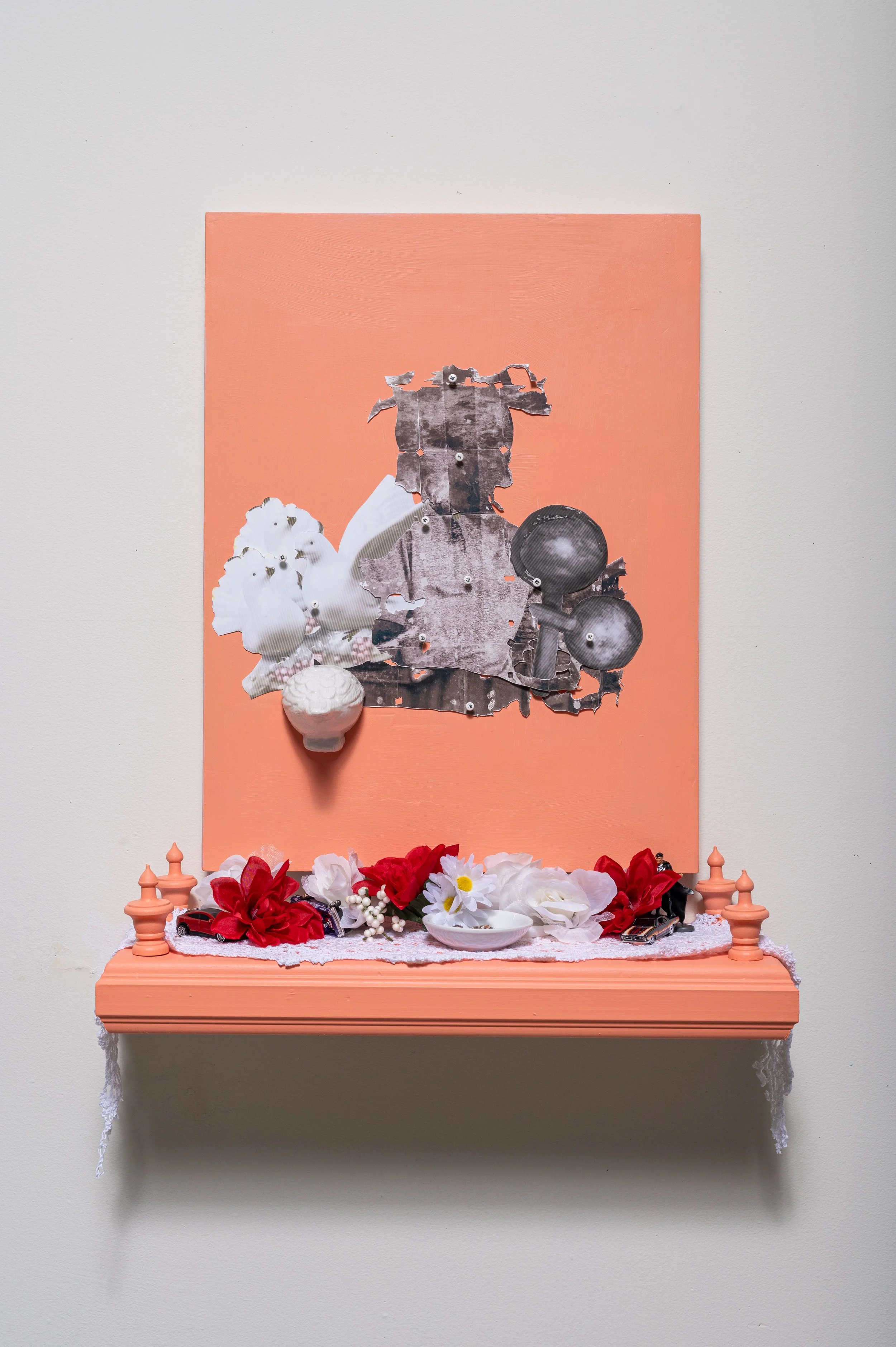 Tending To The Past i, mixed media work on paper with shelf, mirror,dove,toy cars, candle, jewelry and flowers, 2023
