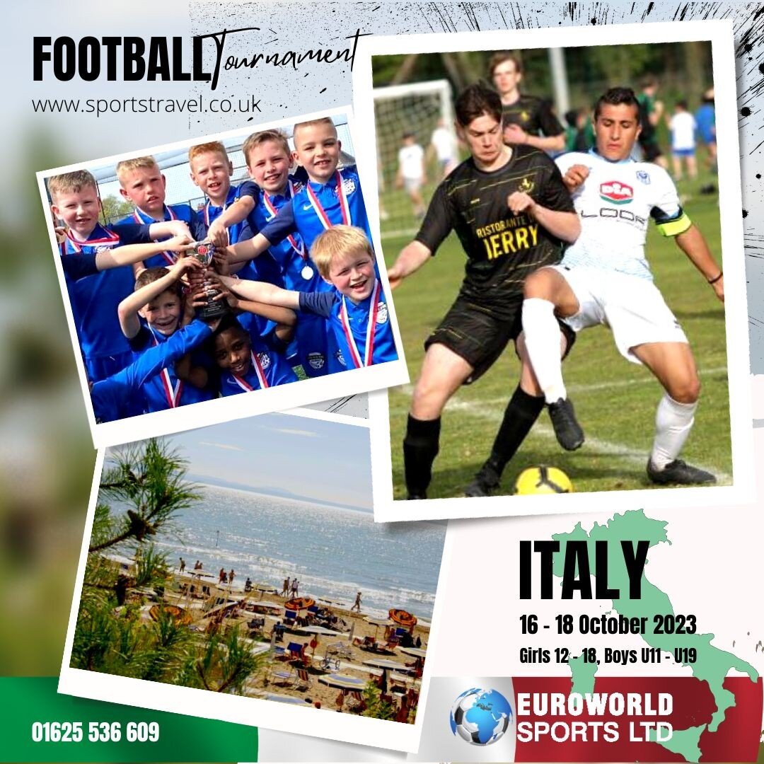 ⚽️ 🇮🇹 Visit ITALY this Autumn! 🇮🇹☀️
Football tournament 16th - 18th October 2023
Boys U11-U19, Girls age 12-18 
The perfect half term football programme plus a chance to visit Venice! 🛶
Our programme includes:
👉4 nights accommodation 
👉Half bo