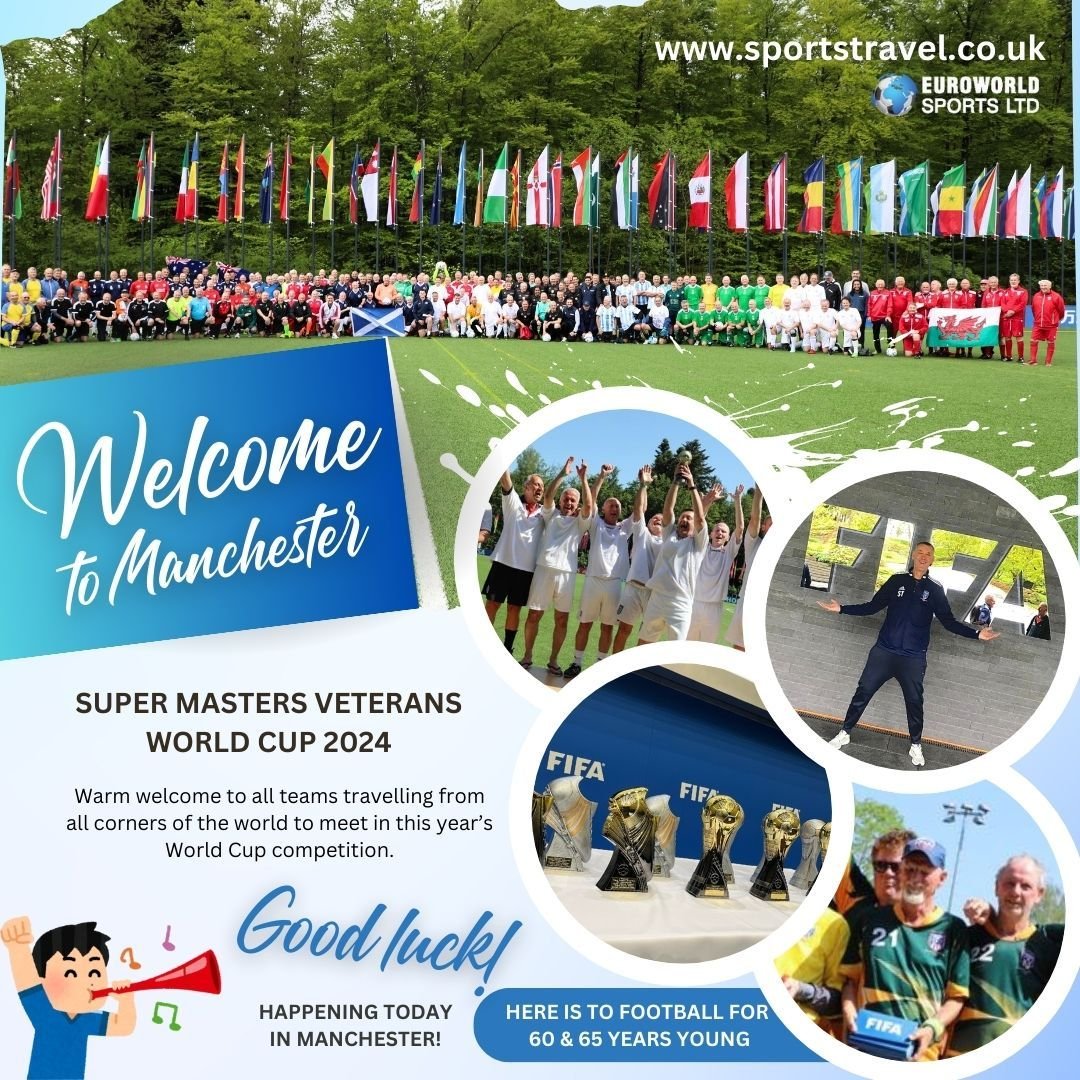 We would like to extend our warm welcome to all teams travelling to the Super Masters World Cup - happening in Manchester today! 
We hope you have a great time ... and the weather is kind 🤞
#veteransfootball #oldfriendsnewmemories