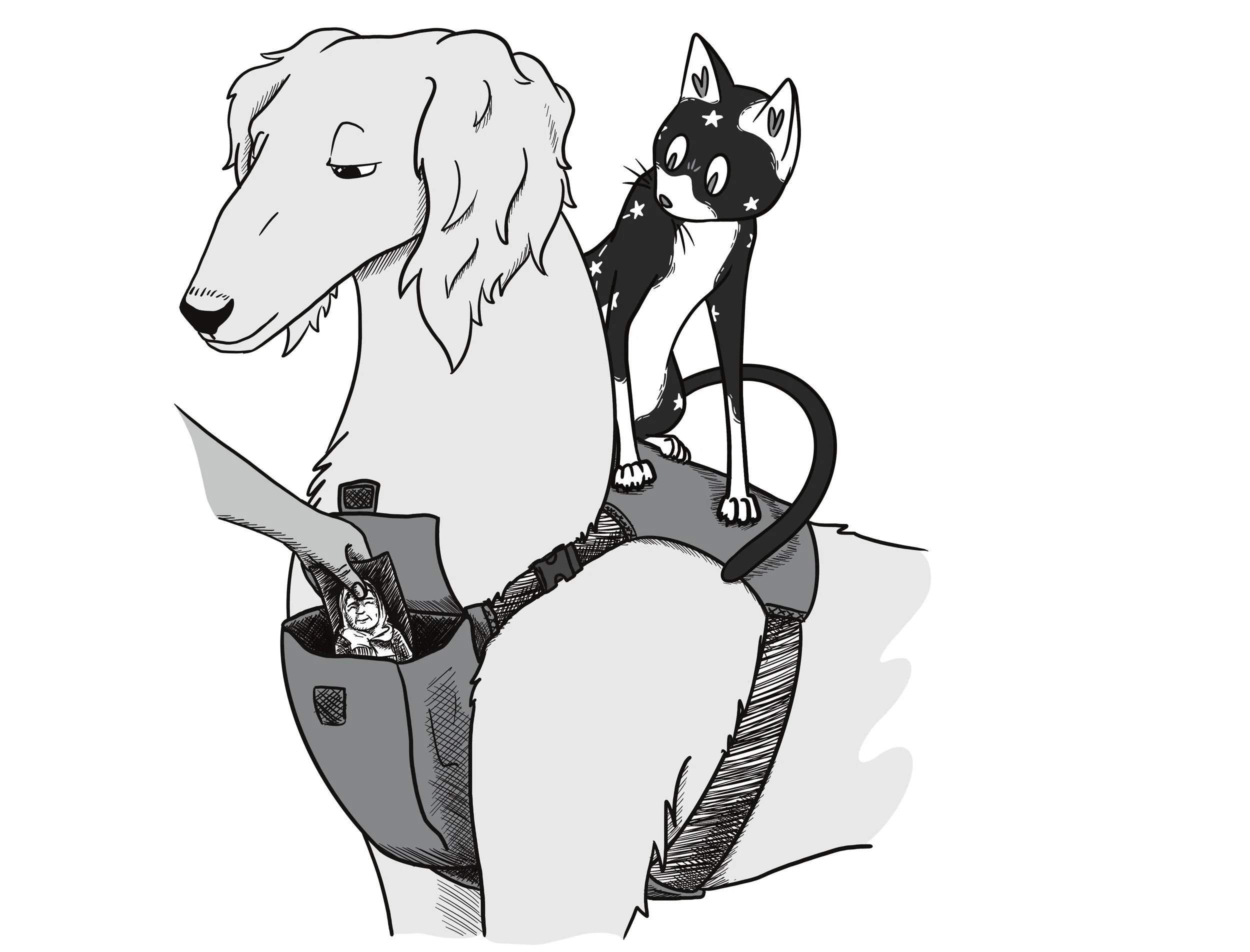 A page from Percy's story by Jo Bennett - Percy riding on the shoulders of her dog friend, about to go on a mission to help a child