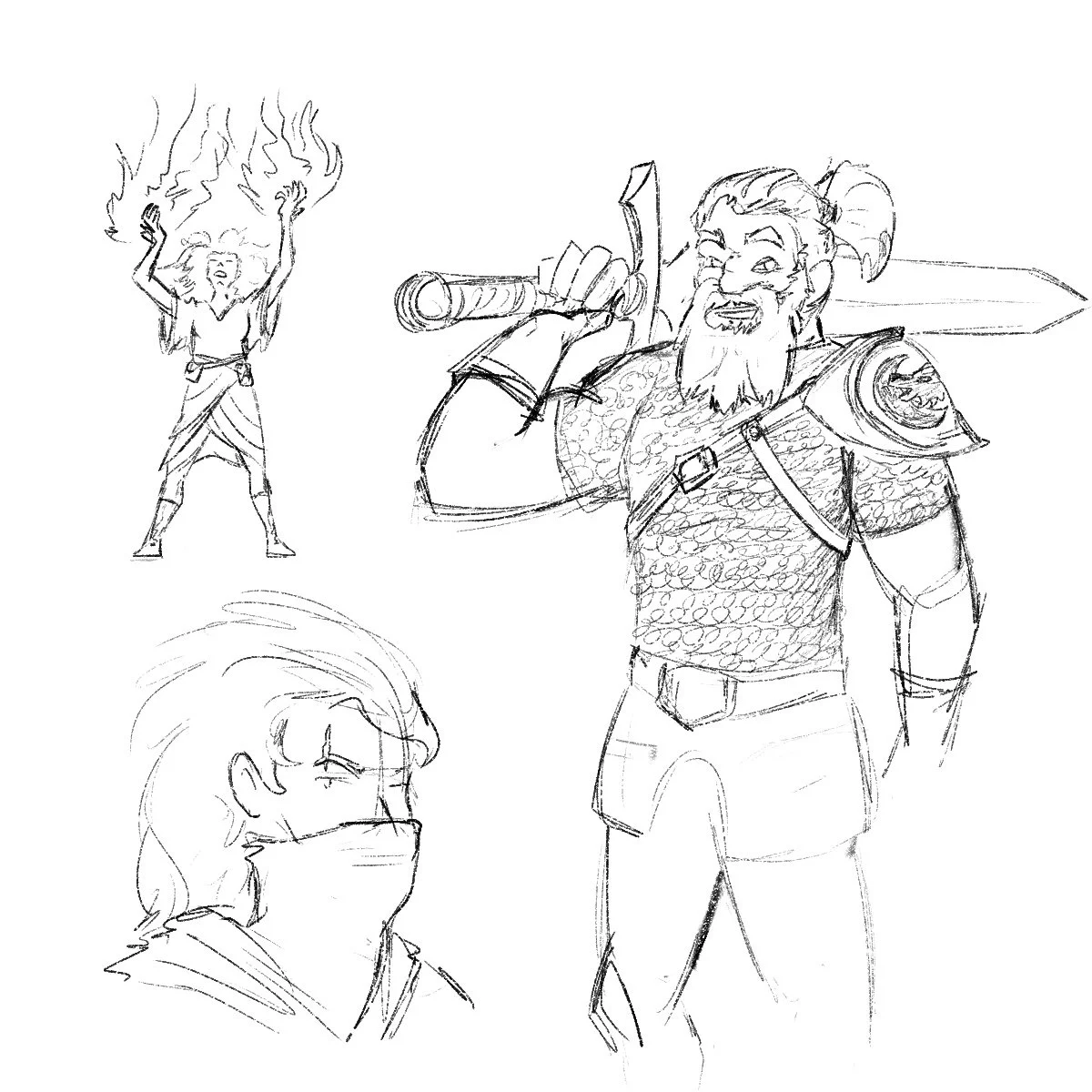 three sketches of characters. Top left is a spellcaster with arms up, wreathed in magical flame. Bottom left is a scarred rogue with face half covered, looking grim. Right is a bearded fighter with a large sword slung over his shoulder.