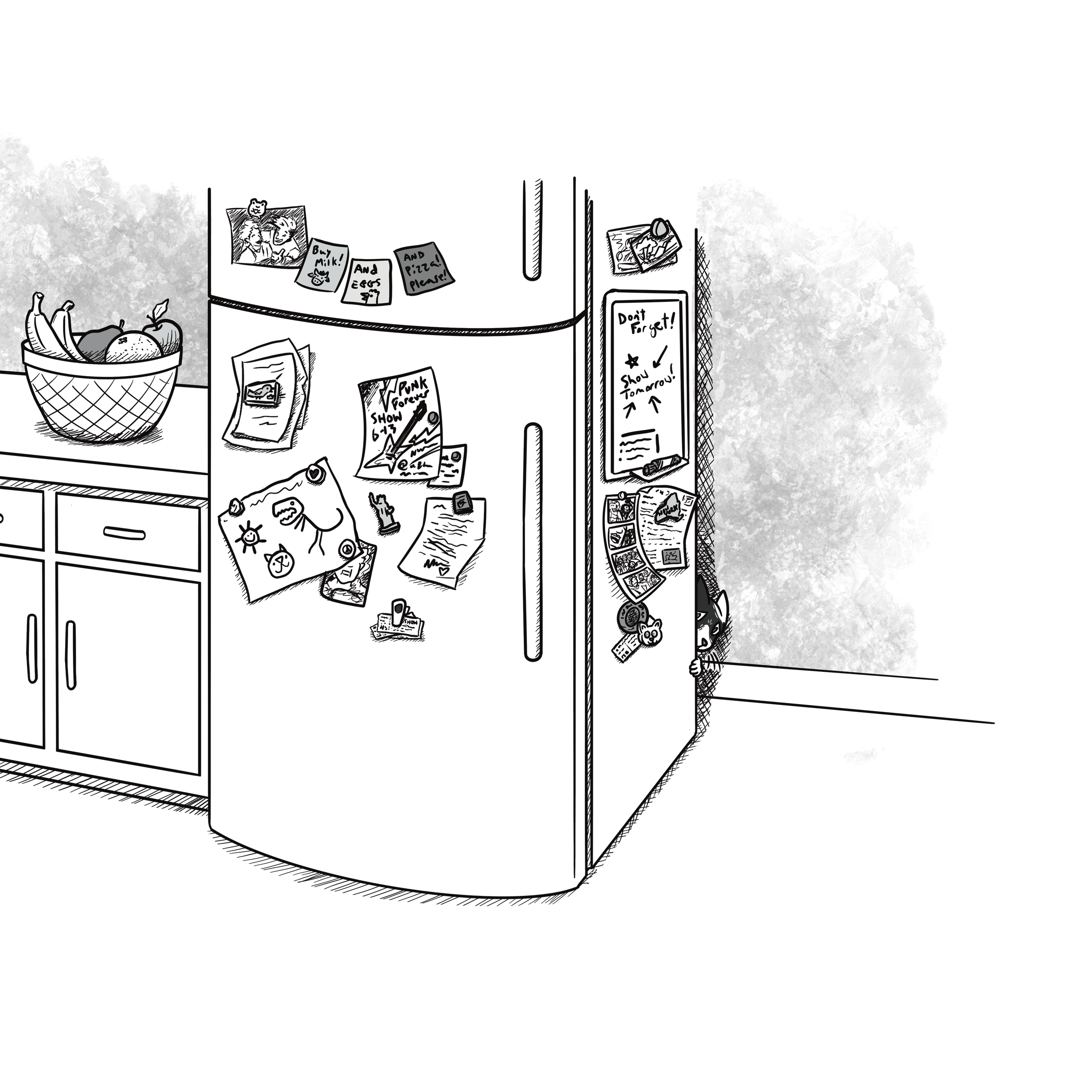 A page from Percy's story by Jo Bennett - Percy hiding behind the fridge in a new space
