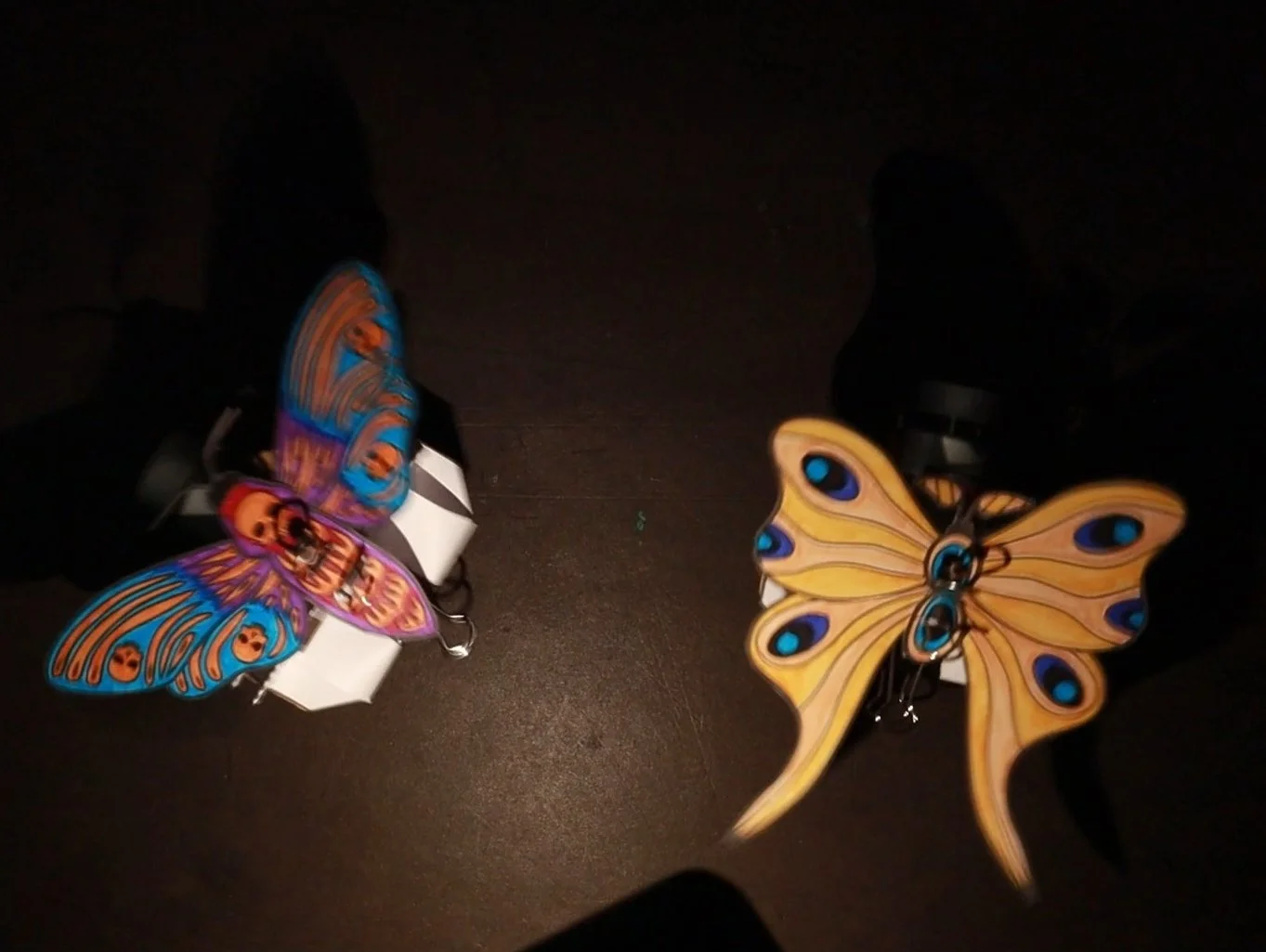 two hand drawn moths mounted to a bristlebot. a bright light shines on the moths indicating that they are moving away from the light.