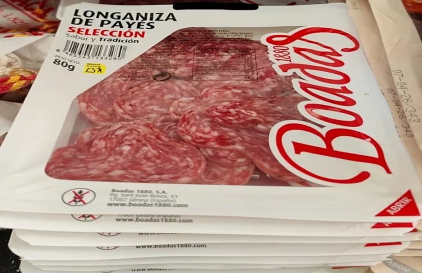 La AESAN lanza una alerta por la presencia de 'Salmonella' en varios lotes de longaniza de payes de la marca Boadas 1880