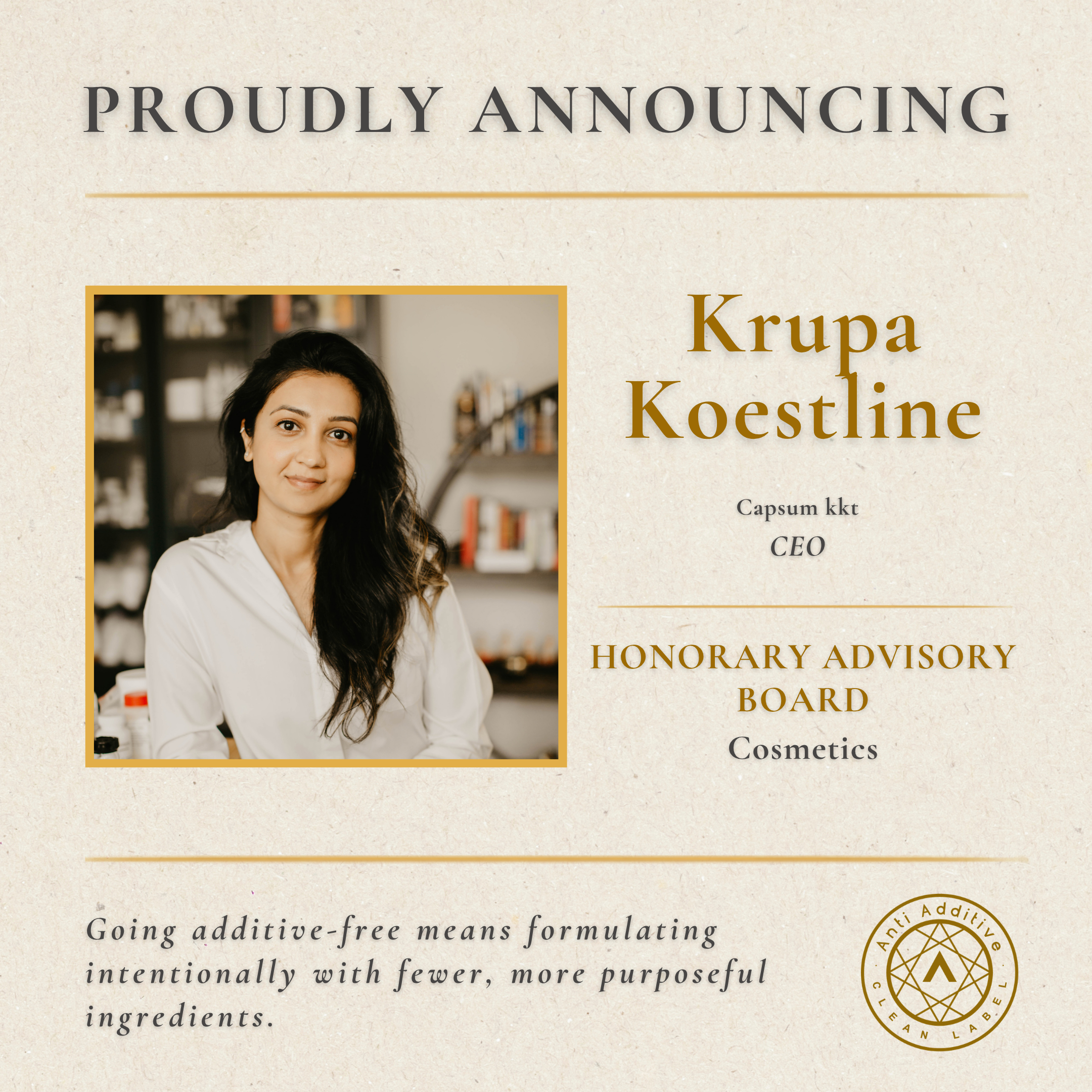 A.A. Welcomes Cosmetic Chemist Krupa Koestline to the Honorary Advisory Board