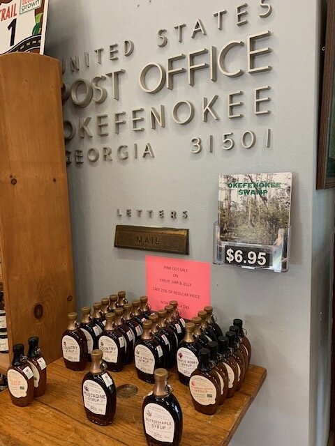  Okefenokee tried to be its own incorporated town several decades ago and supporting leadership applied for a post office for their new city. The plan never came to fruition and the post office was never in operation, but remains here in the gift sho