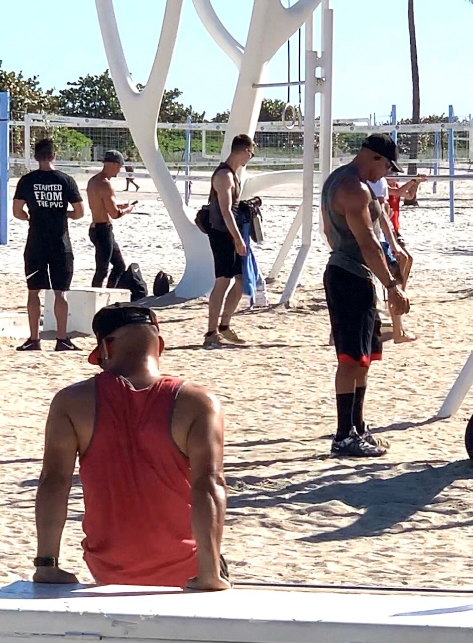  Muscle Beach South Beach. This was fun to watch! The atmosphere was intriguing. This is not the place for beginners to break into the work-out scene. 😂 