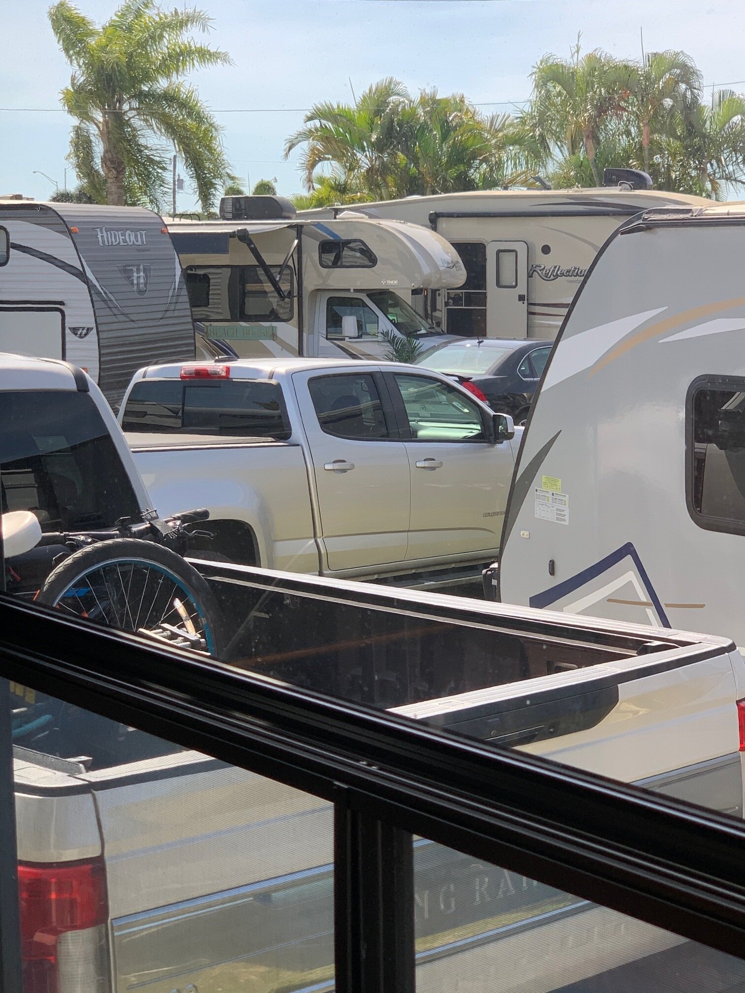  The view from the  front  window of our camper in Ft. Myers shows our most crowded campsite to date. 