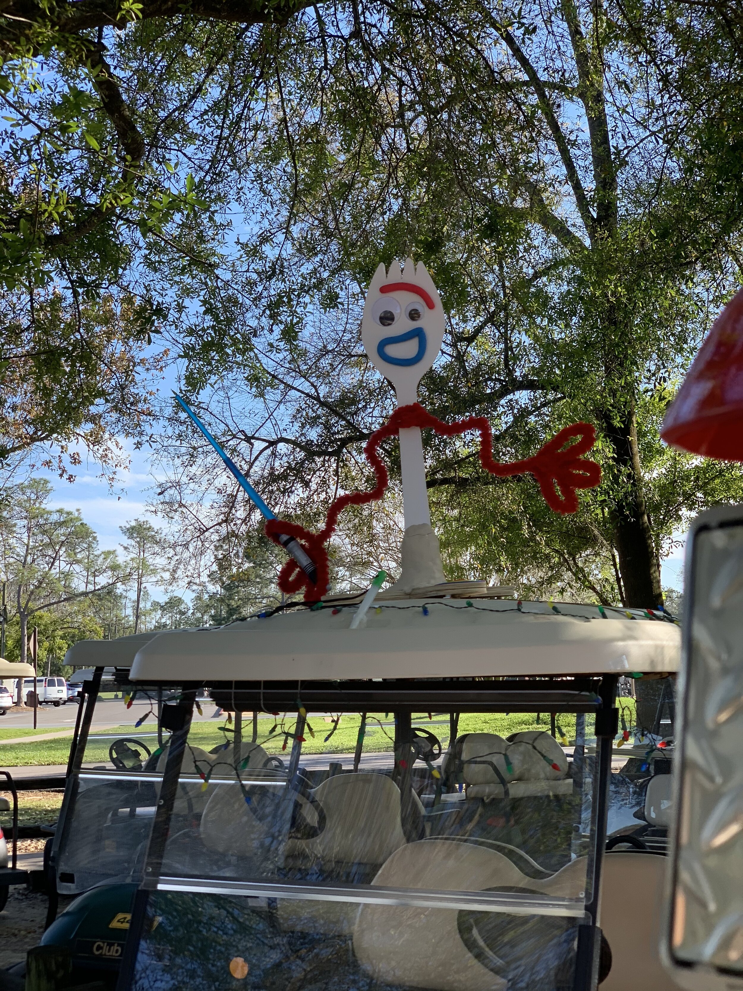  Forky, from Toy Story 4, effectively recreated by a fan for the top of their golf cart. 