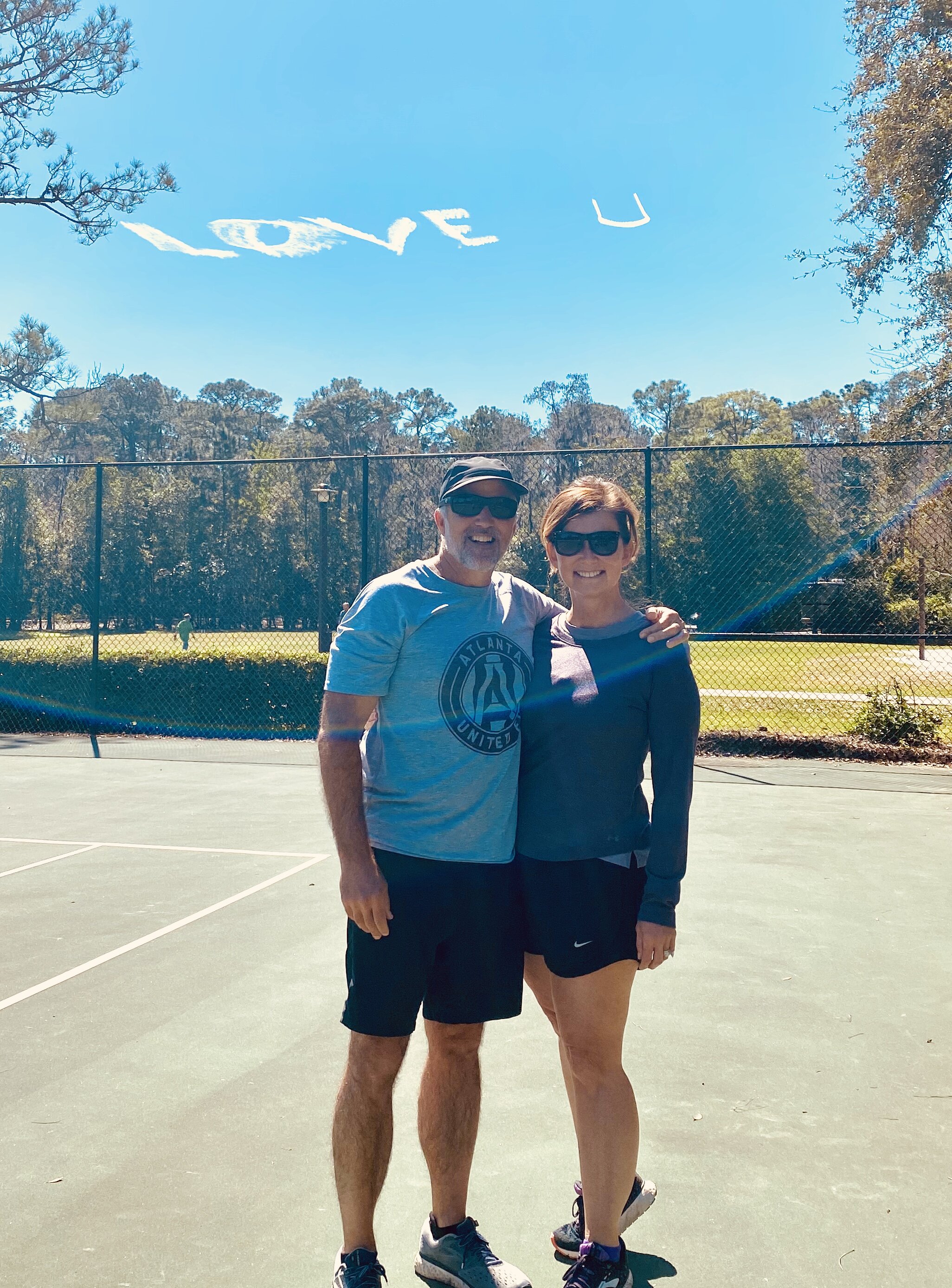  The four of us love playing pickle ball. As we started to play, a plane began to write in the sky. We thought it may be the beginning of a marriage proposal, but the finished product said, “Love U Jesus”, “Thank U Jesus” and finally, “Praise U Jesus