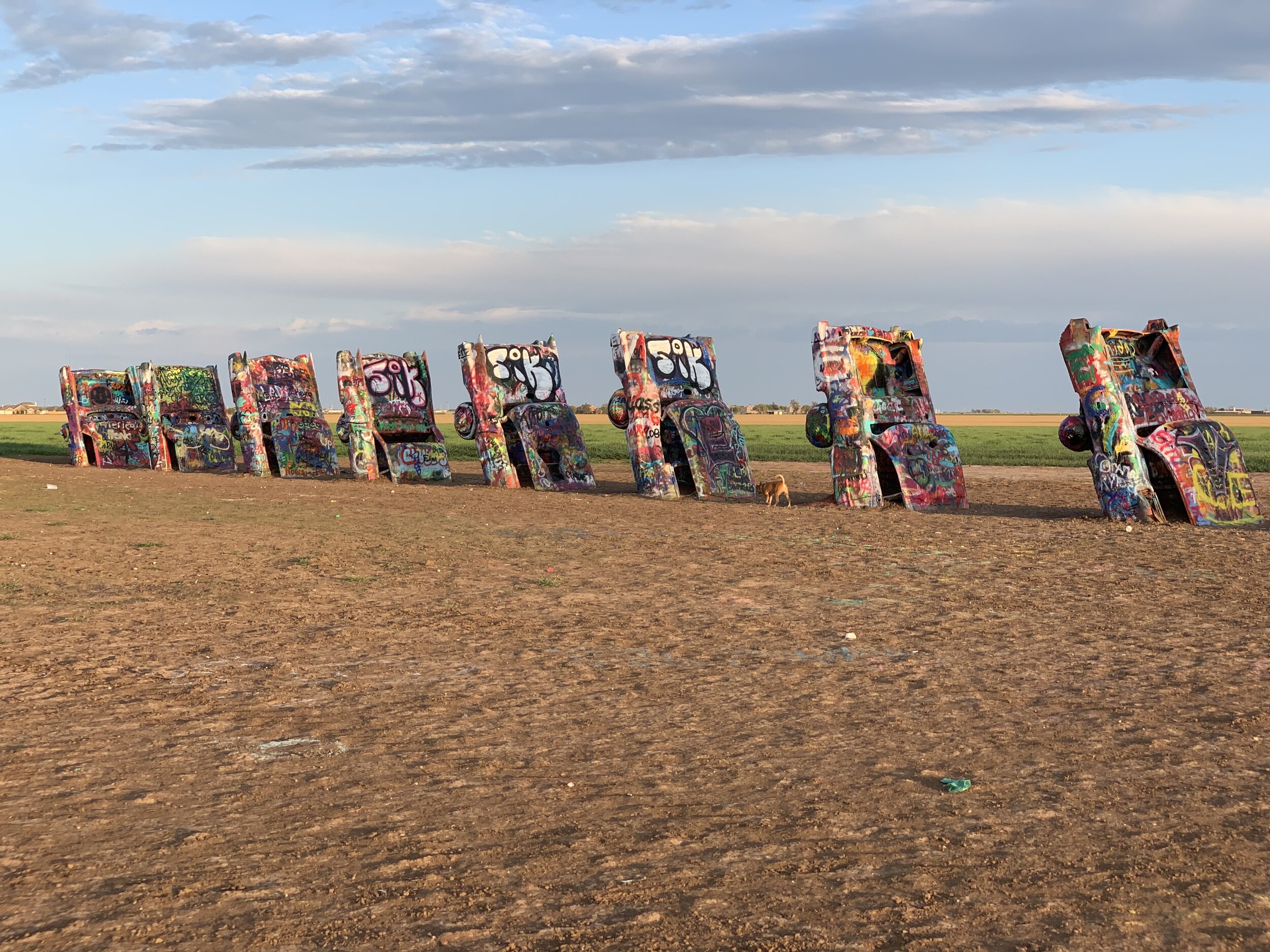  Cadillac Ranch along Route 66 west of Amarillo, Texas. This roadside art was the idea of an Amarillo billionaire and a group of hippies in the 1970s. These cars were driven, in working order to this site and then buried nose down in the dirt. Visito
