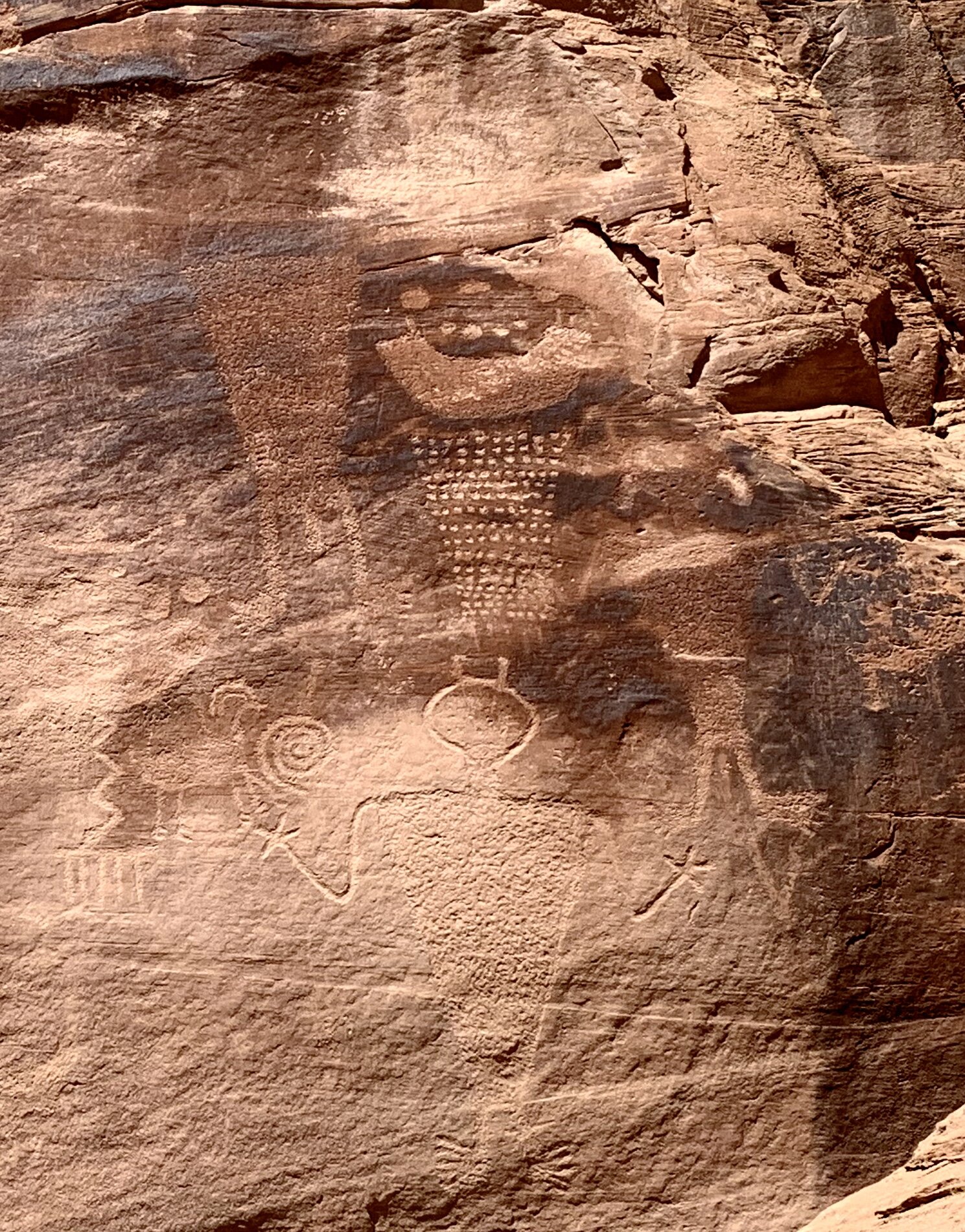  Over 1000 years ago, Dinosaur National Monument was home to the Freemont Indians. It is believed they are responsible for the petroglyphs here. We saw many carvings of men, sheep, goats, and other recognizable figures. In particular, this one stuck 