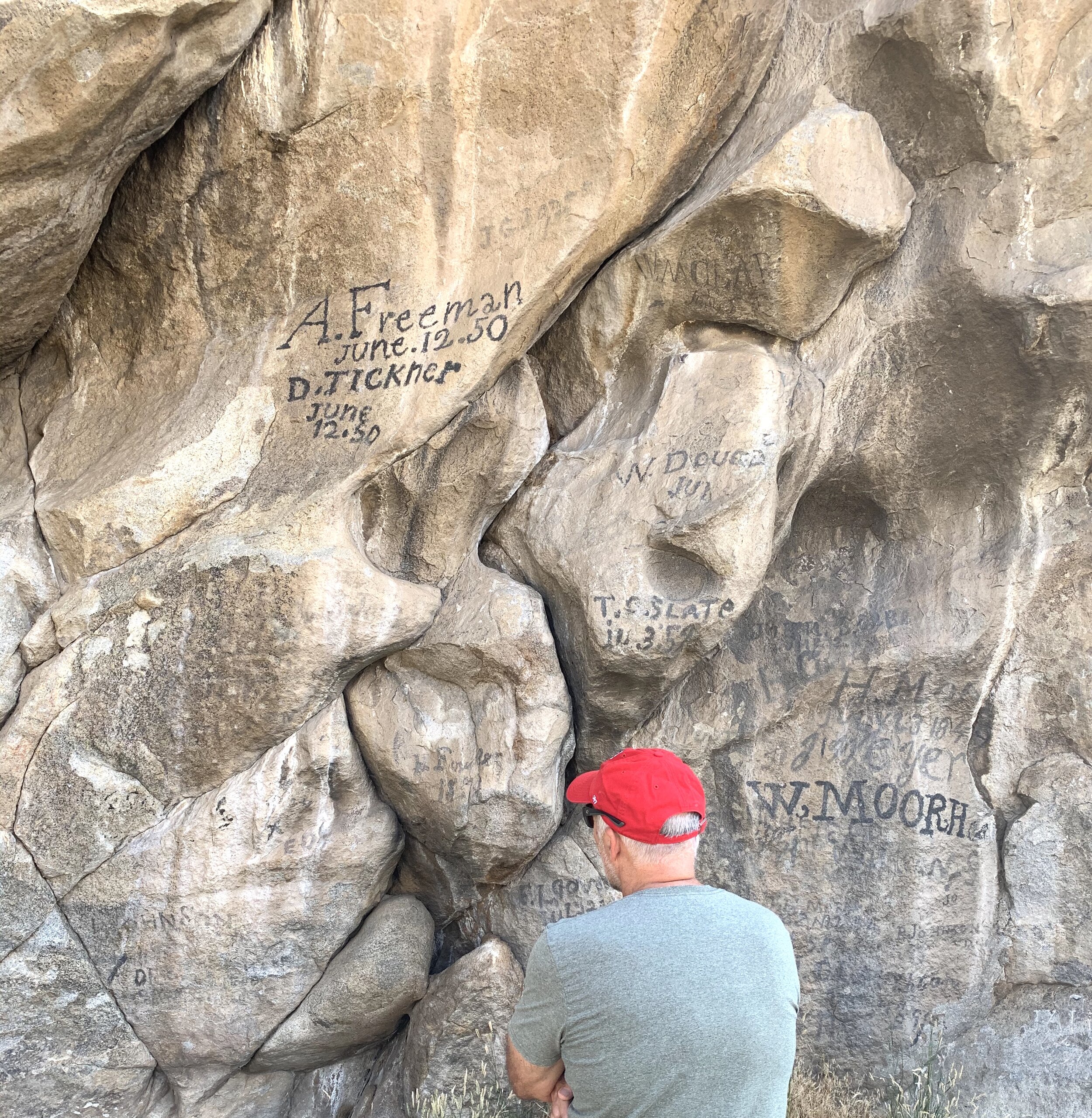  As thousands of pioneers traveled back and forth along the  California Trail,  they would "check-in" on some of the rocks. By signing their names and the date of their travels, they would commemorate their endeavor and let others know where they wer