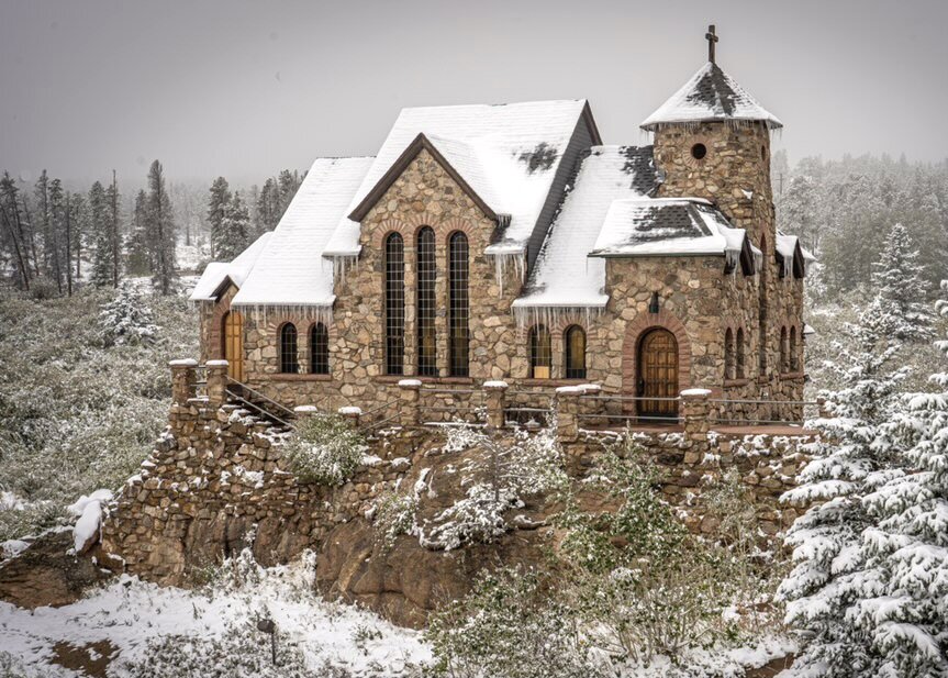   Saint Catherine's Chapel on the Rock  in Allenspark, near Estes Park, is a functioning Catholic chapel and tourist landmark open to the public. The beautiful church was built in 1936.  
