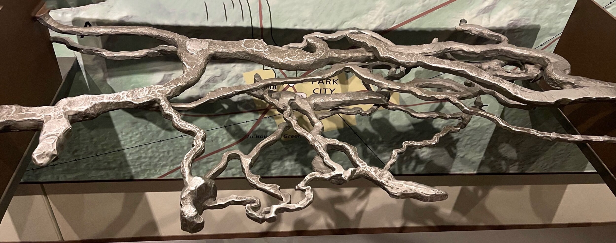  This is a model of the Mammoth cave system and many of the tributaries that are currently known. Some cave areas are quite large, while other areas can only be entered by crawling or squeezing through narrow openings in the rocks. The form of the ca