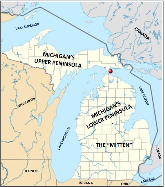   A quick geography lesson/refresher : The state of Michigan consists of its upper and lower peninsulas. The Mackinac Bridge (right by the red dot) is the only connector between the two peninsulas. There have actually been maps published that forgot 