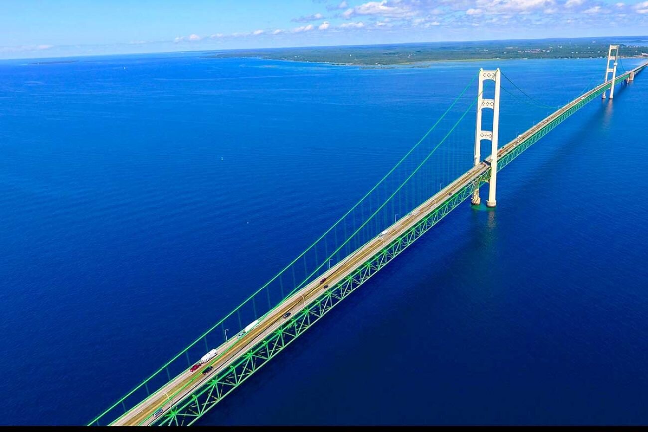   The Mackinac Bridge , which is also I-75, is the only way to reach the UP from the lower peninsula. At nearly five miles long, Mackinac Bridge is one of the longest bridges in the world. Since its completion in 1954, only two cars have plunged into