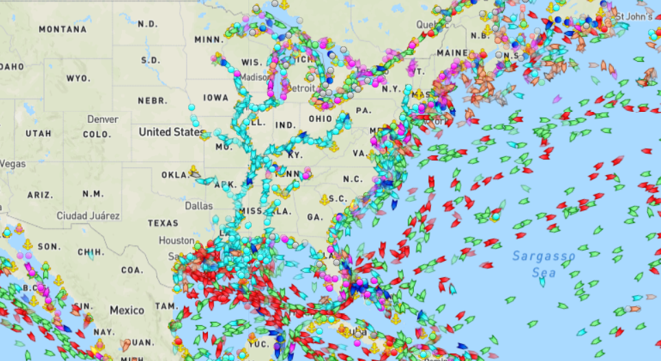  If you’ve never thought about how much we depend on water transit, this map from a few days ago shows ships currently on the water in and near the US. On land, it's easy to forget that at any given moment there are&nbsp;around 50,000 merchant ships&