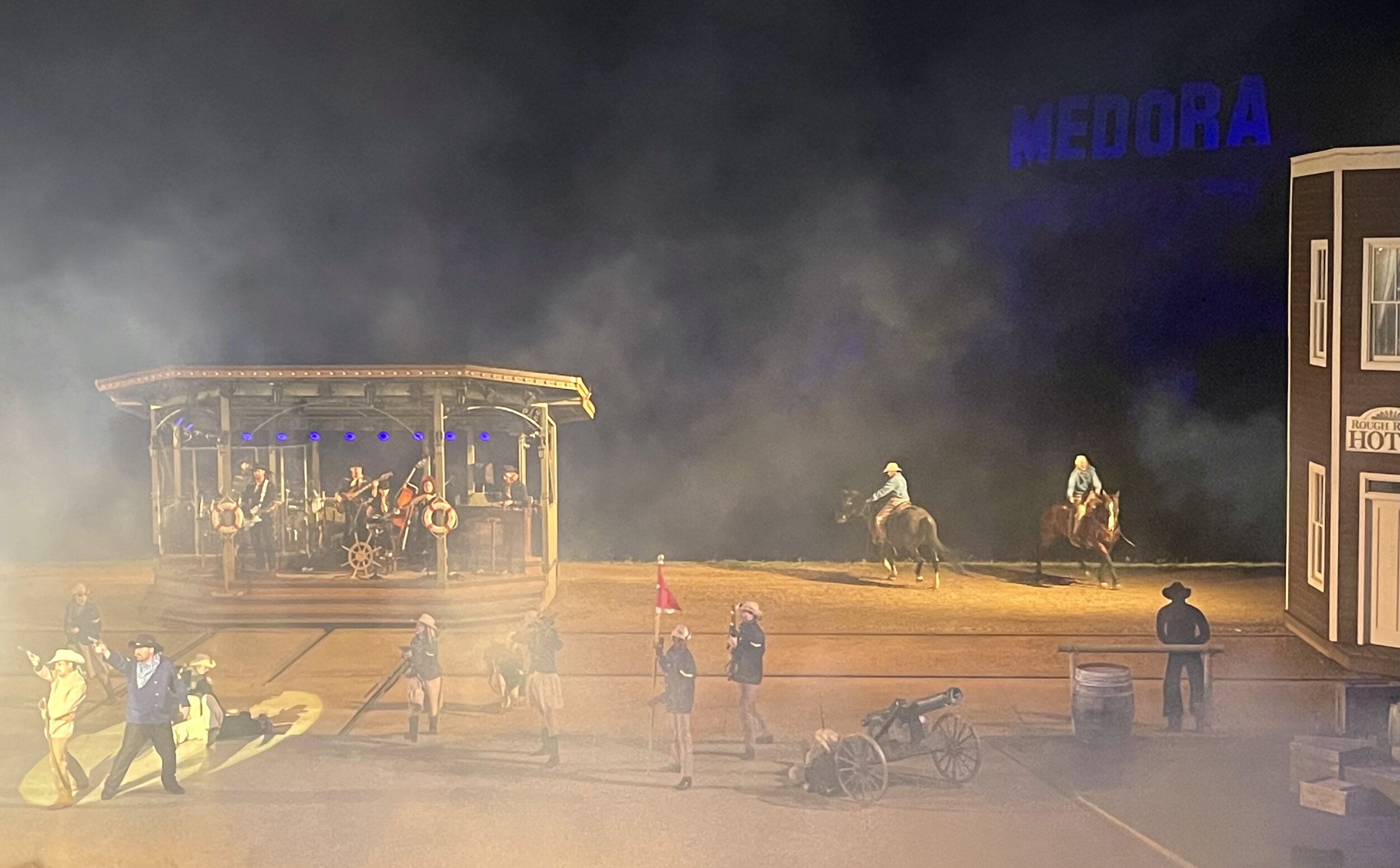  The elaborate stage changes were an amazing aspect of the show. The theatrical "town" buildings could slide back and forth on rails for various scenes and skits, with an actual dirt trail behind the stage, where real horses can be a part of the show