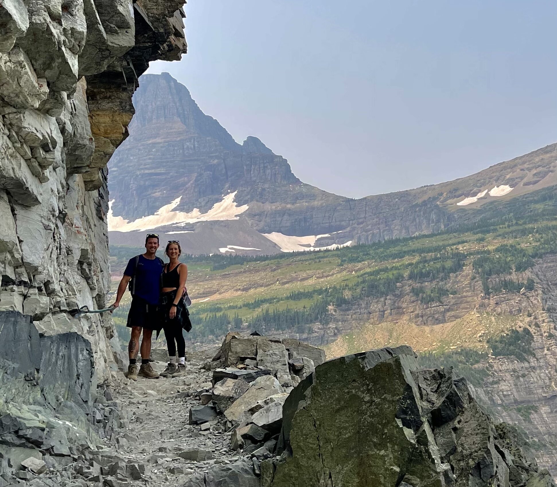  It was great to have our son and daughter-in-law, Kevin and Rachel, join us for over a week.  Here, they’re hiking on the  Highline Trail  in  Glacier National Park.   